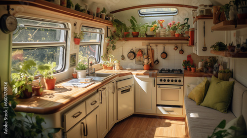 cozy kitchen interior in the trailer of mobile home. ai generative