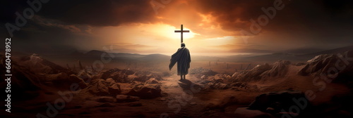Christian pilgrim on the path of faith to the cross, symbolizing the path of repentance and redemption. photo