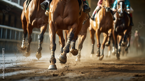 Close-up of legs of running horses, horse racing. ai generative