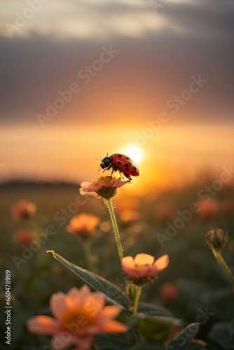 Closeup of a beautiful ladybug on a pink flower in the rays of the sun at sunset. Nature. sunset, summer concepts