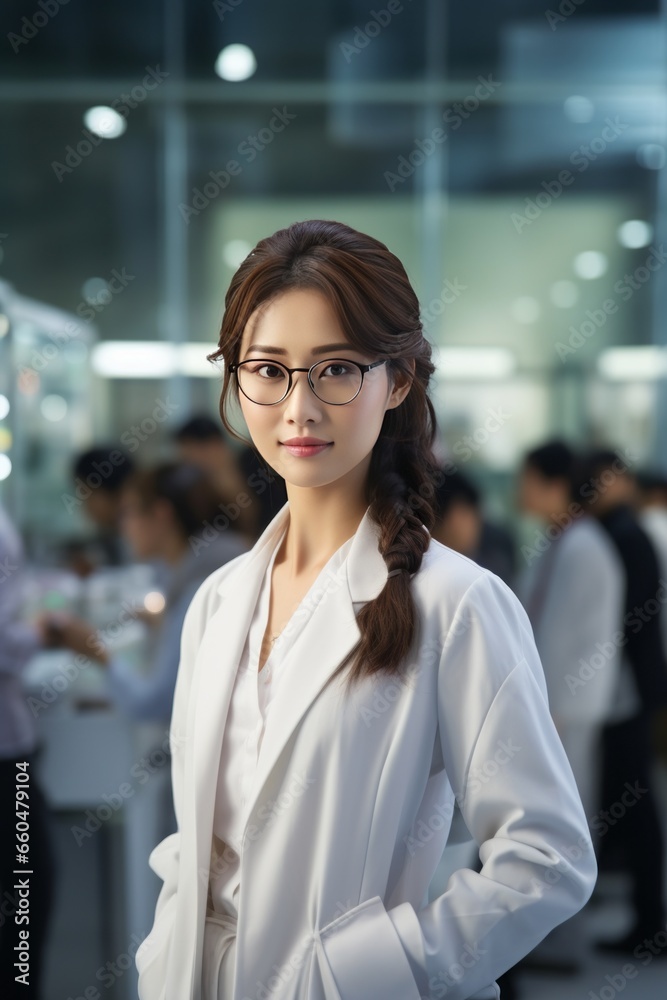 A beautiful Asian female scientist stands in a white coat and glasses in a modern medical science laboratory with a team of experts in the background. A beautiful Asian female scientist stands in a white coat and glasses in a modern medical science laboratory with a team of experts in the background.