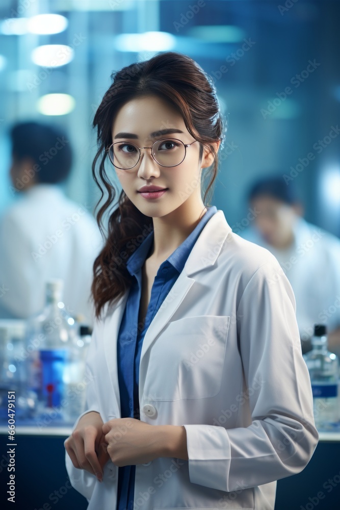A beautiful Asian female scientist stands in a white coat and glasses in a modern medical science laboratory with a team of experts in the background. A beautiful Asian female scientist stands in a white coat and glasses in a modern medical science laboratory with a team of experts in the background.