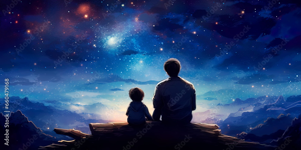 parent and child under a starry sky, where stars sing lullabies to soothe the world to sleep. - obrazy, fototapety, plakaty 