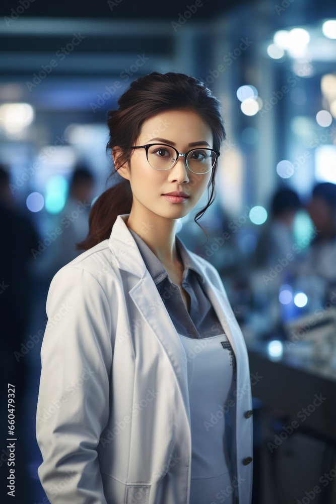 Obraz premium A beautiful Asian female scientist stands in a white coat and glasses in a modern medical science laboratory with a team of experts in the background.