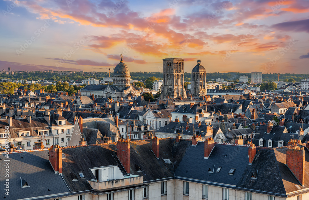 Aerial cityscape view of Tours City in the Loire Valley in sunset light in France