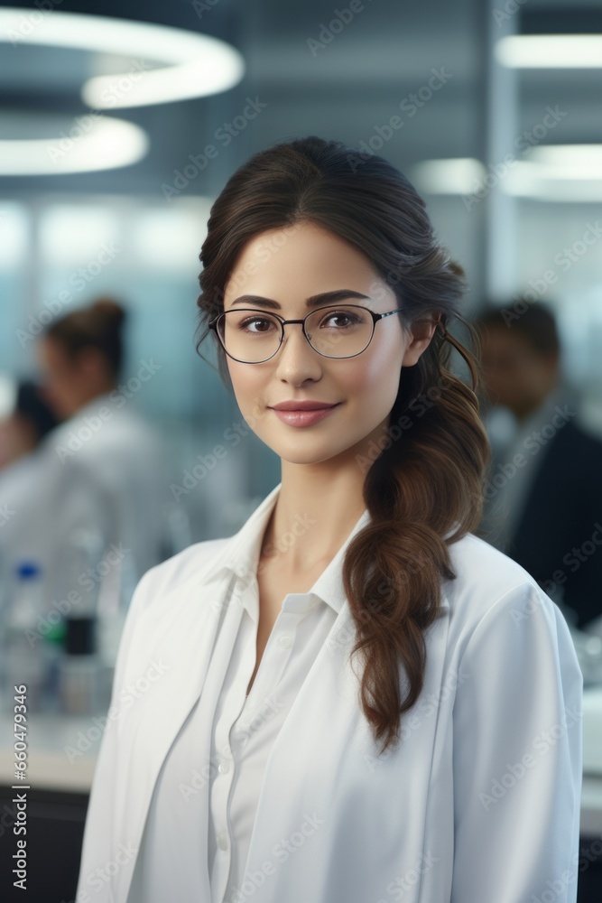 A beautiful Asian female scientist stands in a white coat and glasses in a modern medical science laboratory with a team of experts in the background. A beautiful Asian female scientist stands in a white coat and glasses in a modern medical science laboratory with a team of experts in the background.