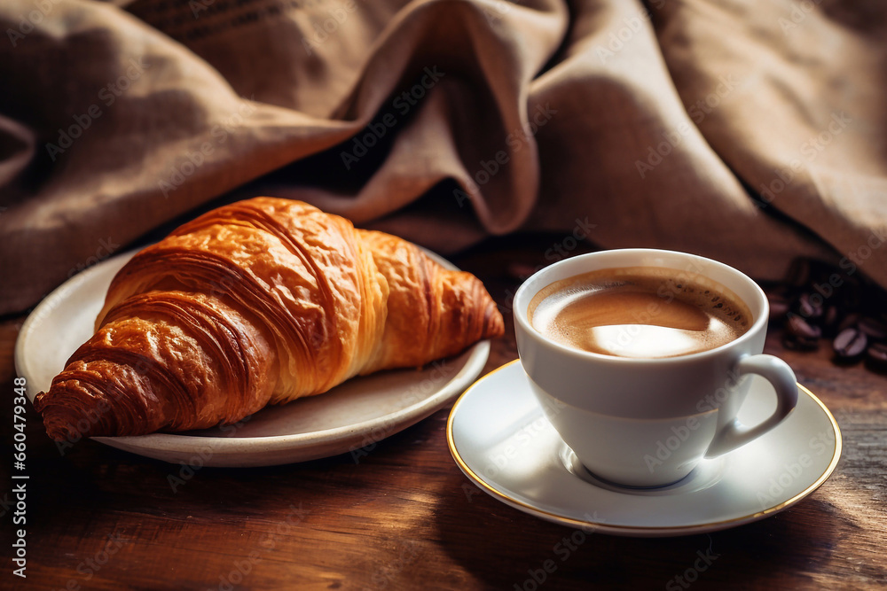 morning coffee and french croissant. breakfast concept morning coffee and french croissant. breakfast concept
