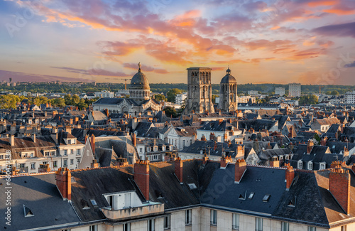 Aerial cityscape view of Tours City in the Loire Valley in sunset light in France photo