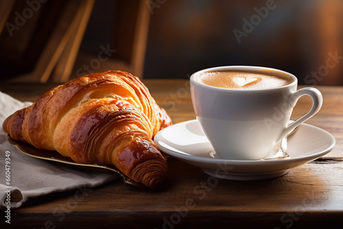 morning coffee and french croissant. breakfast concept