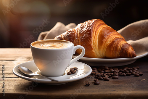 morning coffee and french croissant. breakfast concept