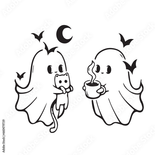 ghost carrying a cat with ghost drinking a coffee