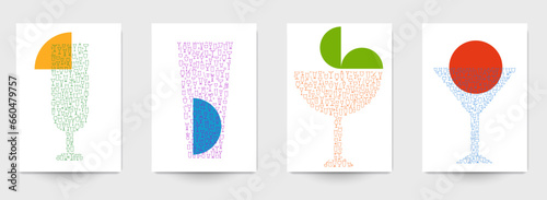 Set art cover poster, banner with cocktail glass various shape for alcohol or juice drink in minimalistic modern style. Template design for bar, restaurant, pub. Creative vector illustration.