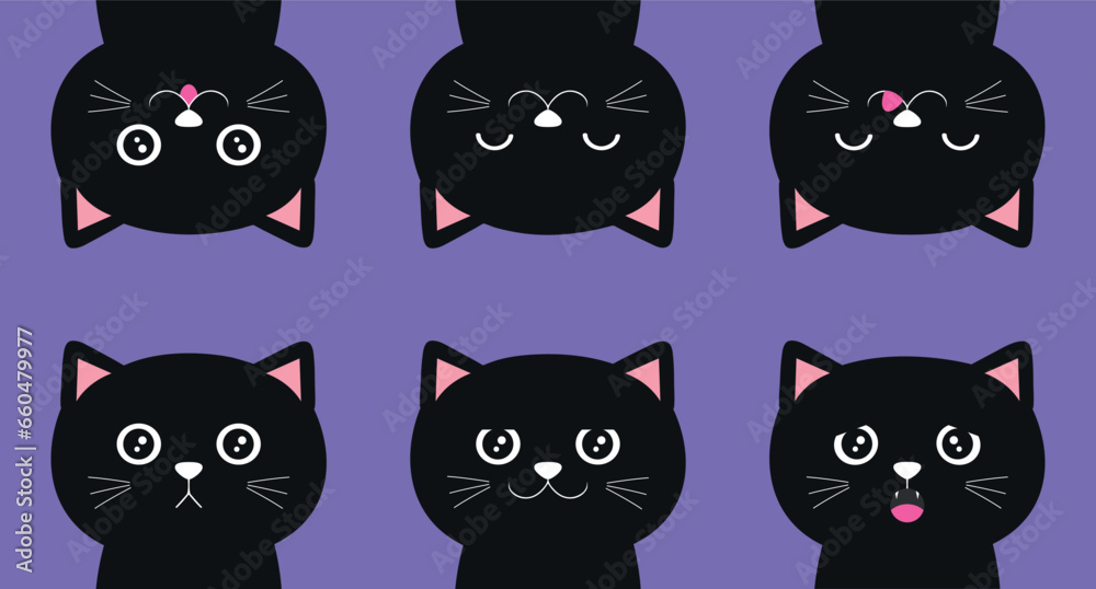 Set of cartoon black cats with different emotions. Vector illustration