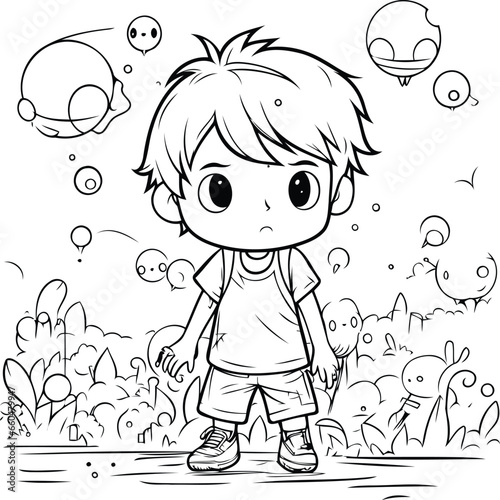 Cute little boy doodle vector illustration for coloring book.