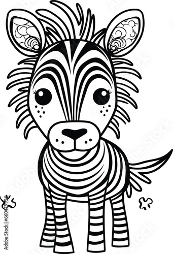 Zebra coloring page for kids. Vector illustration in doodle style.