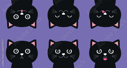 Set of cartoon black cats with different emotions. Vector illustration