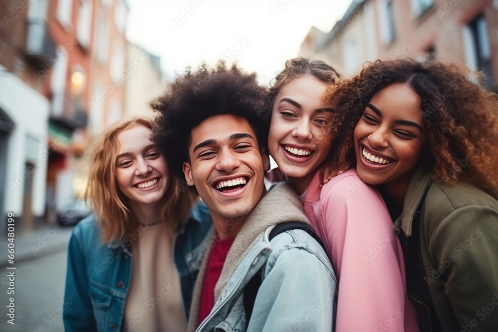 Multiracial group of friends having fun together outdoors on city street- Young cheerful people walking hugging outside- Next gen z lifestyle concept-Smiling student enjoying vacation Multiracial group of friends having fun together outdoors on city street- Young cheerful people walking hugging outside- Next gen z lifestyle concept-Smiling student enjoying vacation