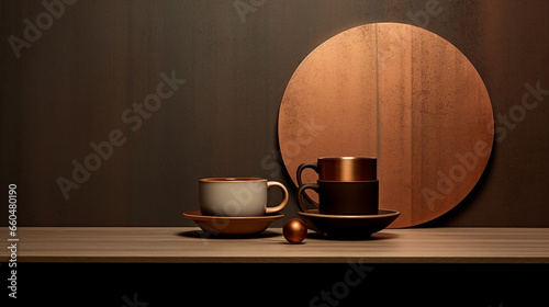 café minimalista em tons terrosos, cobre e dourado