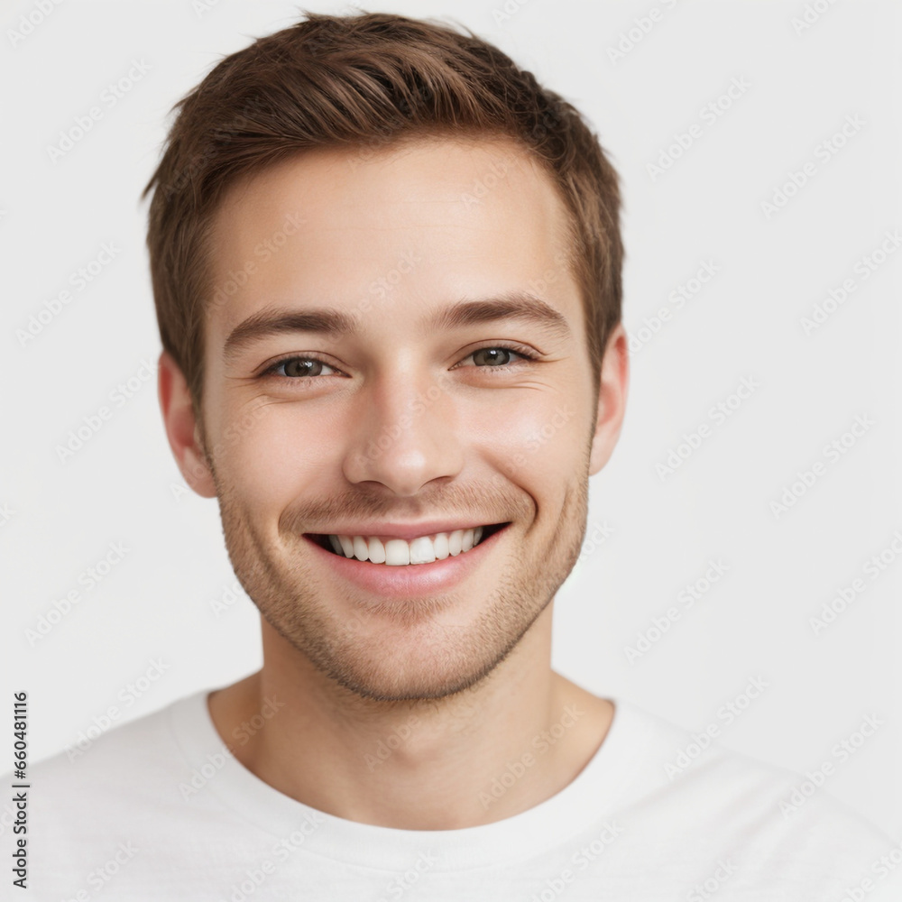 Obraz premium A portrait of smiling young handsome man wearing ehite t-shirt on a white background, close up portrait of a man with dark hair Passport photo