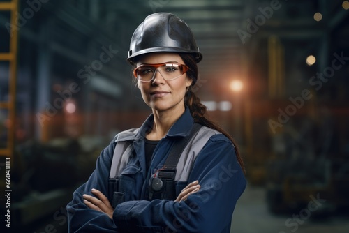 Beautiful Female heavy industry engineer worker in a steel factory.