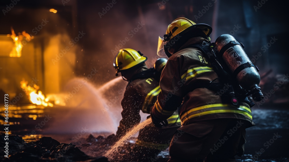 Firefighters battling a building fire at night. Firefighters battling a building fire at night.