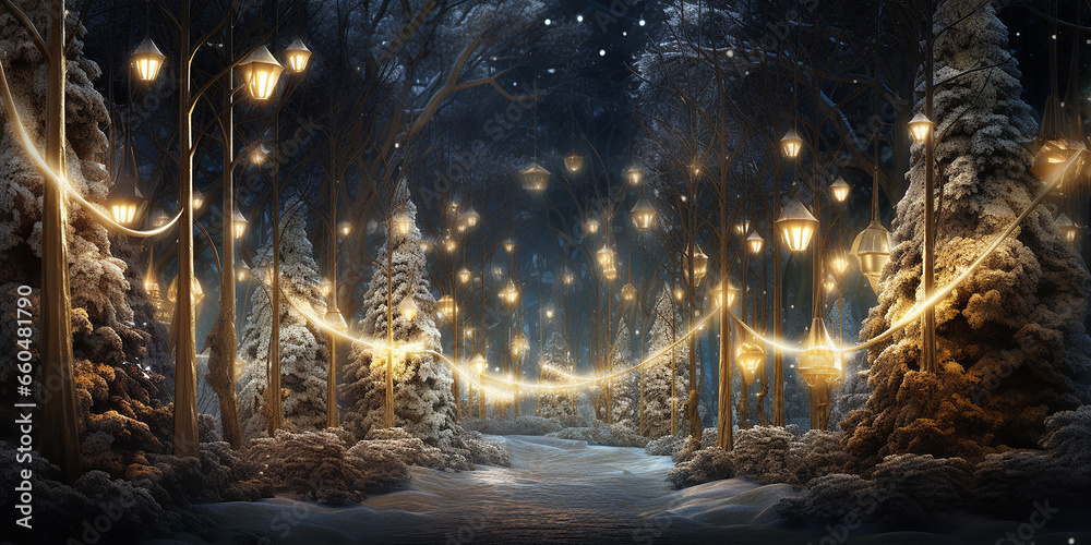 Christmas trees and a magical forest with glowing lights