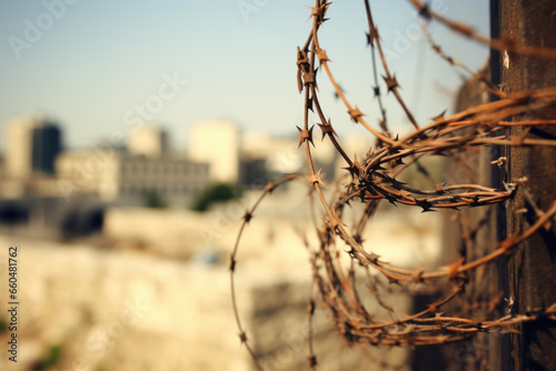 Barbed wire on the border between Israel and the Gaza Strip  photo