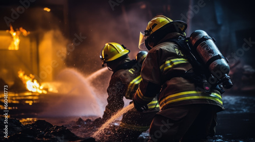 Firefighters battling a building fire at night.