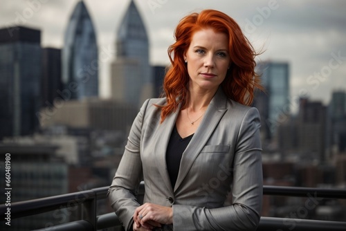 Confident, ruthless, powerful redhead female executive with city backdrop. Generative Ai.