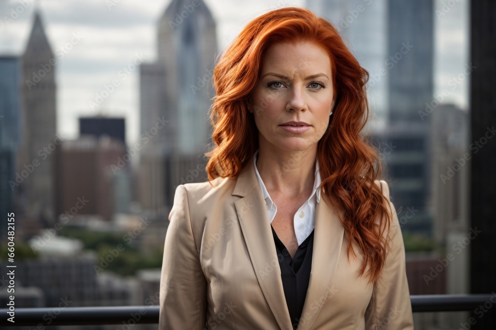 Confident, ruthless, powerful redhead female executive with city backdrop. Generative Ai. Confident, ruthless, powerful redhead female executive with city backdrop. Generative Ai.