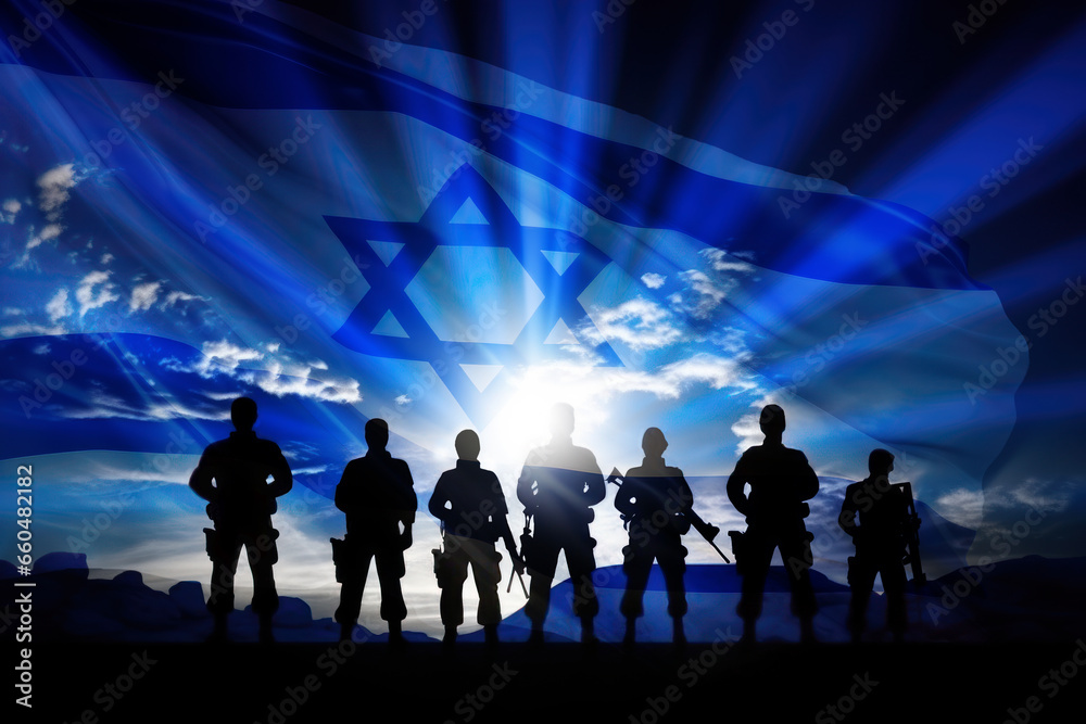 Silhouette of soldiers against the background of the flag of Israel - obrazy, fototapety, plakaty 