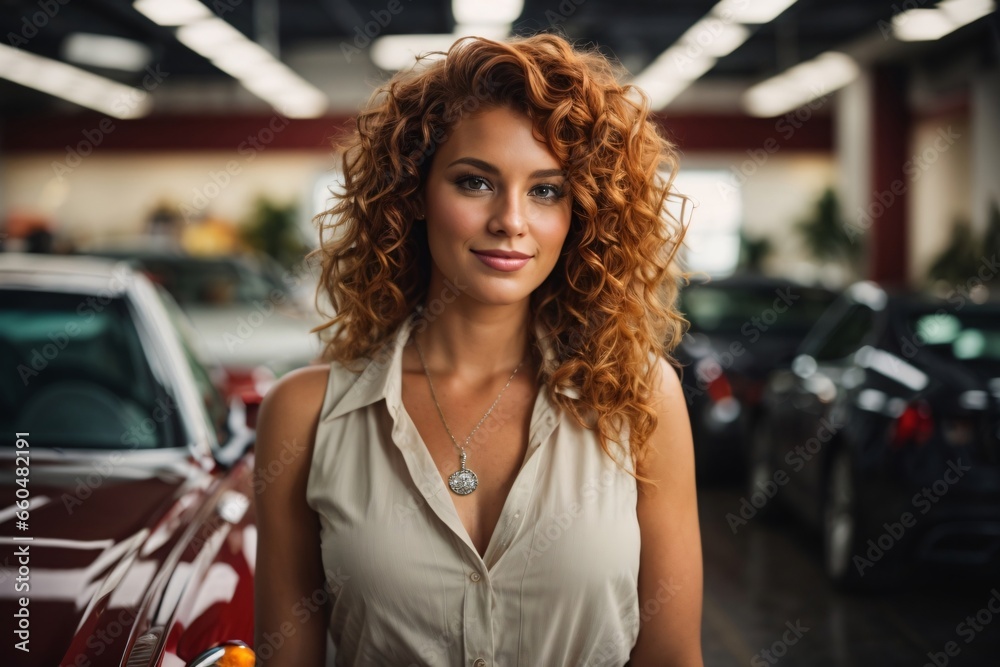Portrait of handsome attractive curly redhead american dealer woman at dealership. Generative Ai. Portrait of handsome attractive curly redhead american dealer woman at dealership. Generative Ai.