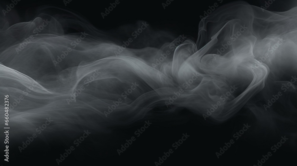 Panoramic view of the abstract fog. White cloudiness, mist or smog moves on black background. Beautiful swirling gray smoke. Mockup for your logo. Wide angle horizontal wallpaper or web banner
