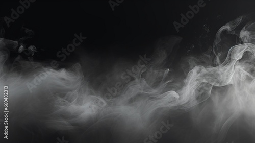 Panoramic view of the abstract fog. White cloudiness, mist or smog moves on black background. Beautiful swirling gray smoke. Mockup for your logo. Wide angle horizontal wallpaper or web banner