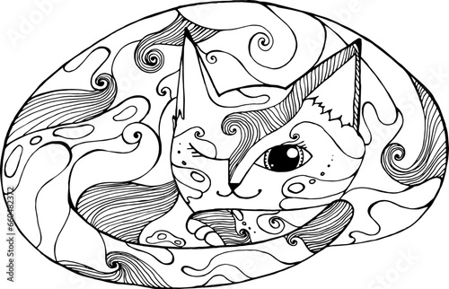 cute cat sleeping curled up in a ball, kitten made up of patterns and lines, coloring book for adults and children, black and white vector,