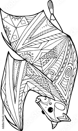 funny flying fox hanging upside down, consisting of patterns and lines, coloring book for adults and children, black and white vector,