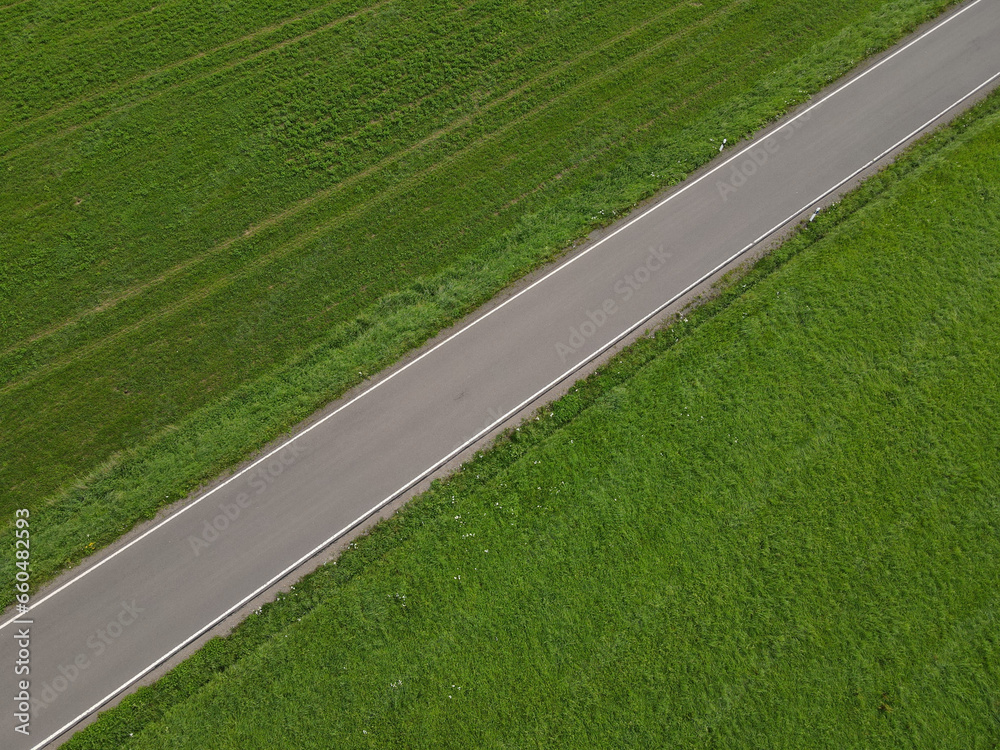 Fototapeta premium Drone view of a straight road between grass fields in the landscape 
