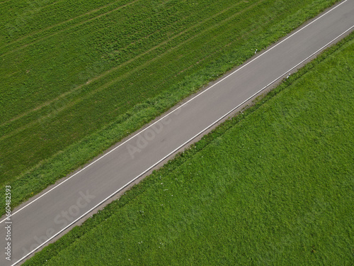 Drone view of a straight road between grass fields in the landscape 