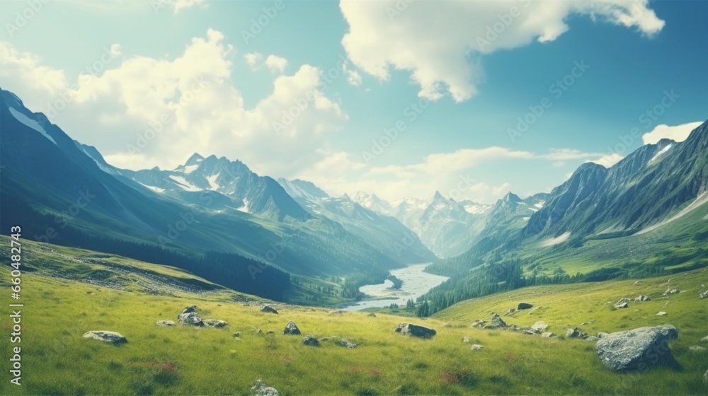 scenic alpine landscape with and mountain ranges. natural mountain background. vintage stylization
