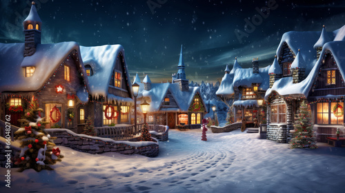 Christmas village winter landscape. Houses with warm light in the windows in the snowy valley in the evening.