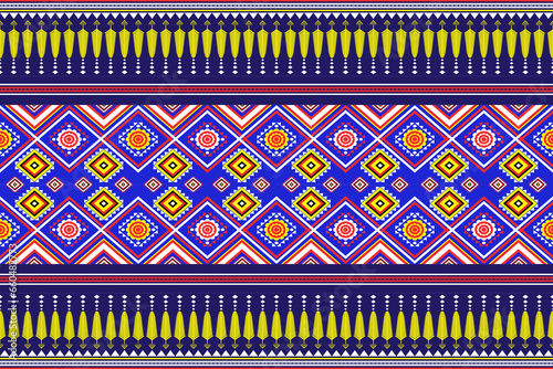 Geometric ethnic floral oriental Thai traditional pattern design for background, rug, wallpaper, clothing, wrap, batik, fabric, embroidery style, blue geometric pattern 