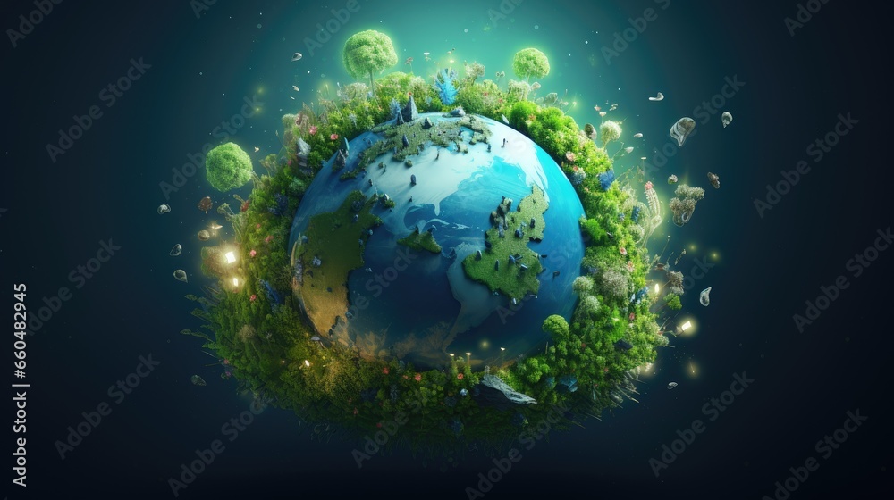 Planet earth with greenish trees on blue background.