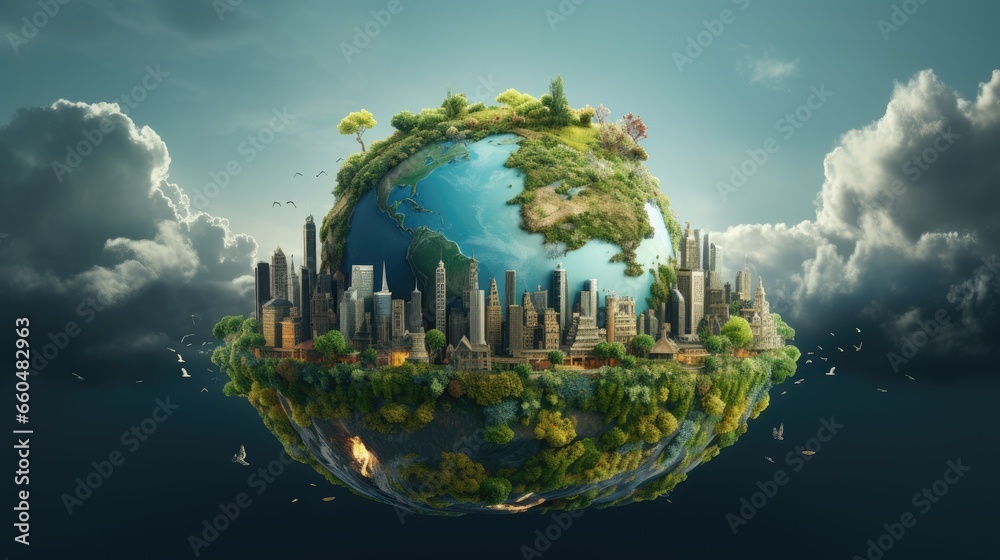 Planet earth with buildings and trees on grey clouds background.