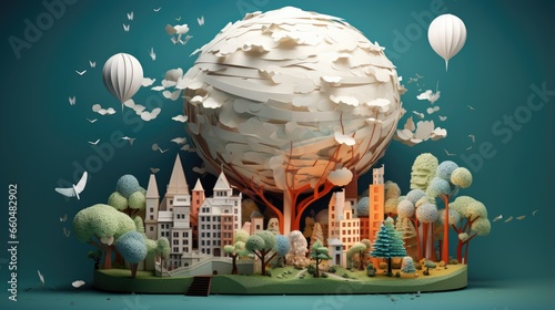 Paper planet with trees and houses in the hot ballon background