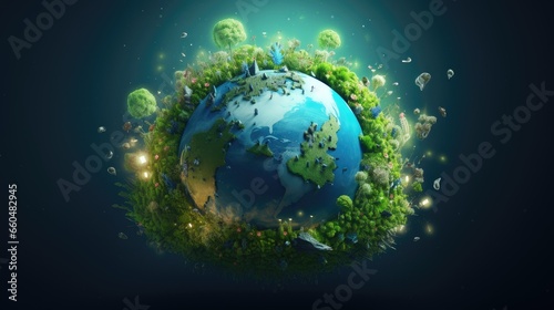 Planet earth with greenish trees on blue background.