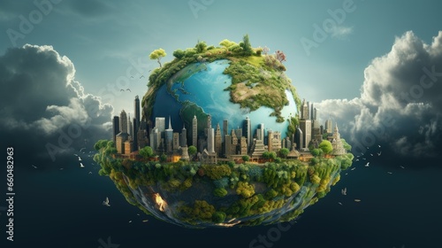 Planet earth with buildings and trees on grey clouds background.