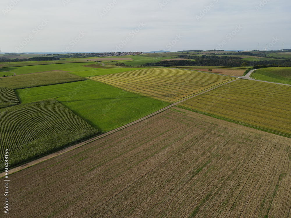 Aerial view of a countryside with many mowed and harvested agriculture fields in summer 