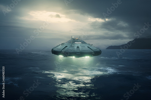 Fototapeta Naklejka Na Ścianę i Meble -  UFO landing or flying over the ocean, science fiction scene