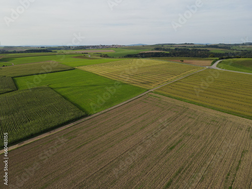 Aerial view of a countryside with many mowed and harvested agriculture fields in summer 