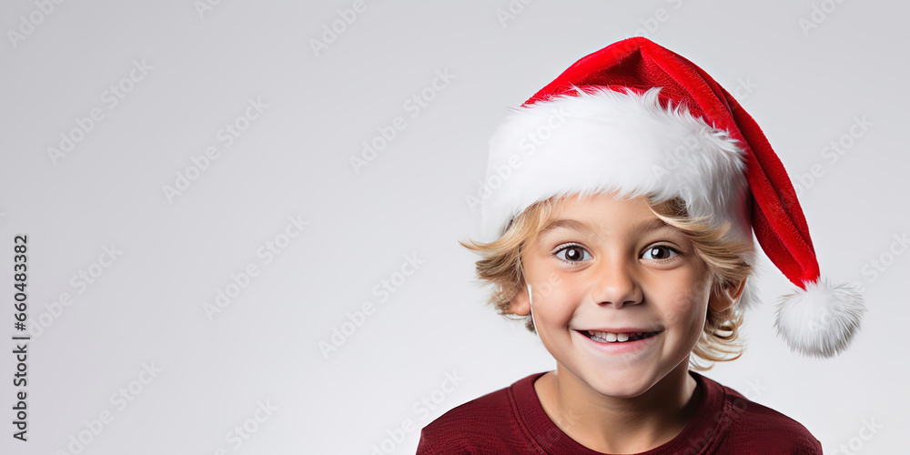 Portrait of cute little boy celebrating Christmas wearing Santa Claus hat on white background with copy space Portrait of cute little boy celebrating Christmas wearing Santa Claus hat on white background with copy space